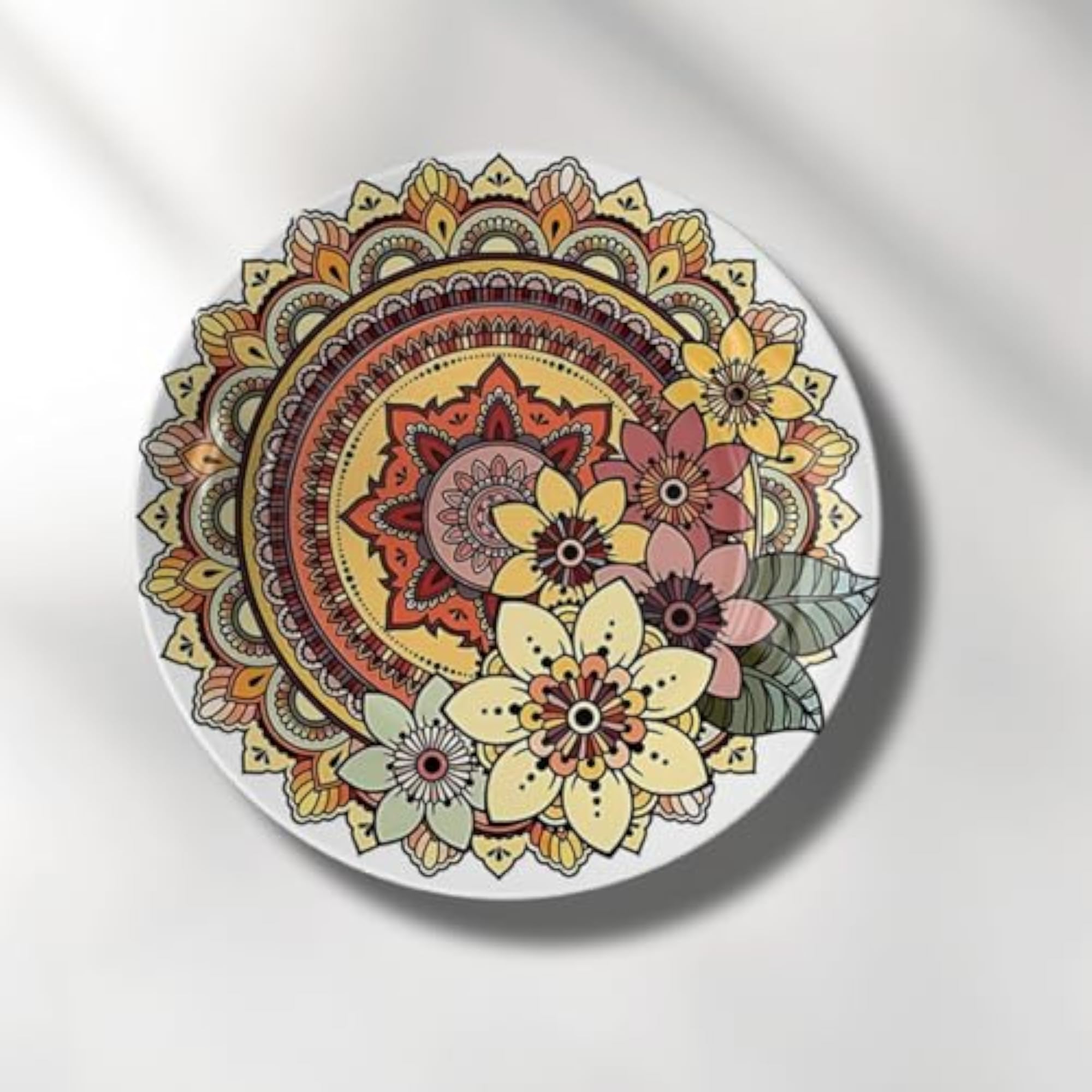 Floral Mandala Ceramic Wall Art Plate, Boho Flower Pattern Decorative Plate